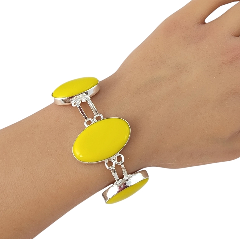 Yellow coral gemstone bracelet chunky statement silver bracelet J15